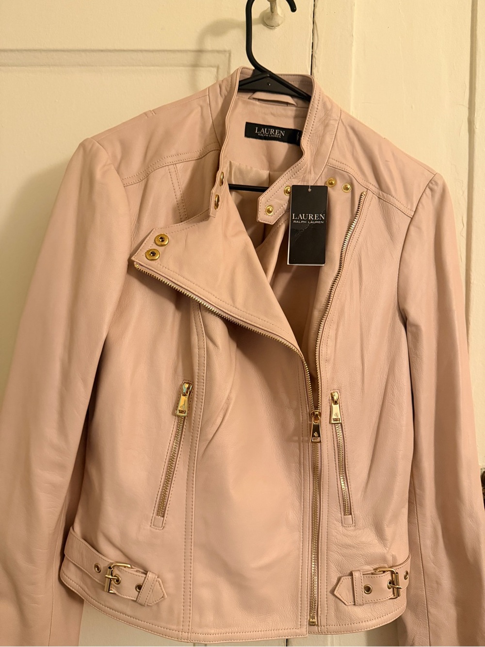 Ralph Lauren Blush Pink Leather Moto Jacket with Gold Hardware